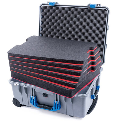 Pelican 1560 Case, Silver with Blue Handles & Latches Custom Tool Kit (6 Foam Inserts with Convolute Lid Foam) ColorCase 015600-0060-180-120