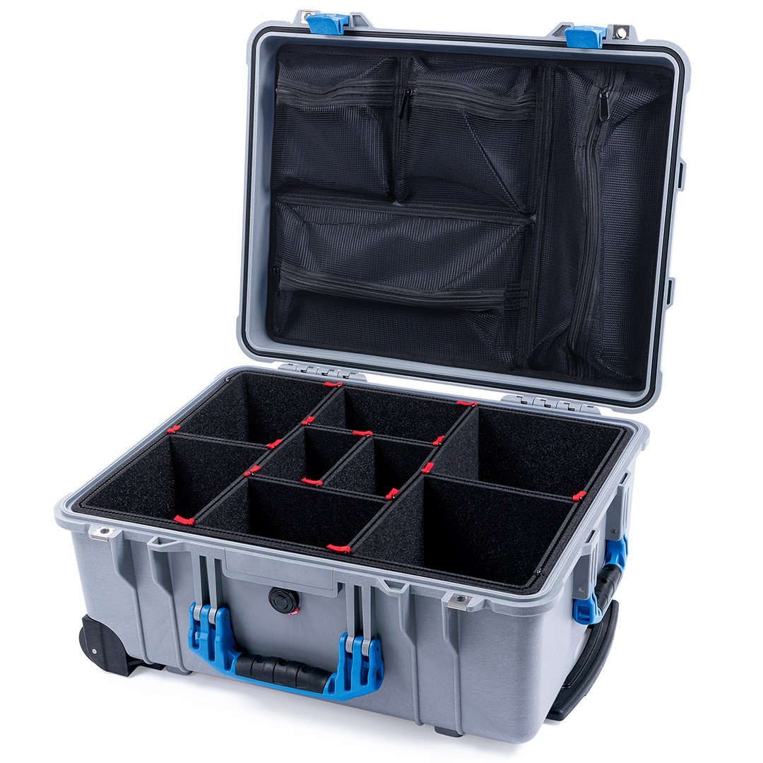 Pelican 1560 Case, Silver with Blue Handles &amp; Latches TrekPak Divider System with Mesh Lid Organizer ColorCase 015600-0120-180-120