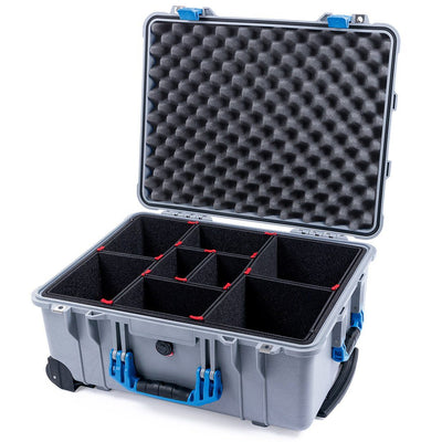 Pelican 1560 Case, Silver with Blue Handles & Latches TrekPak Divider System with Convolute Lid Foam ColorCase 015600-0020-180-120