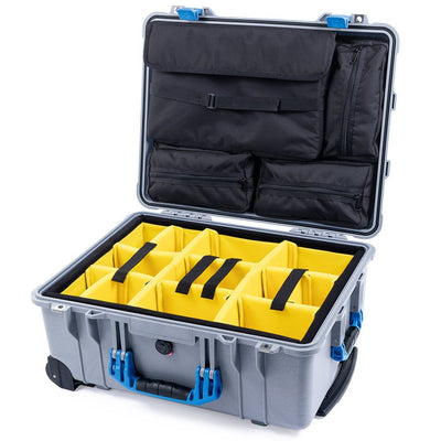 Pelican 1560 Case, Silver with Blue Handles & Latches Yellow Padded Microfiber Dividers with Computer Pouch ColorCase 015600-0210-180-120