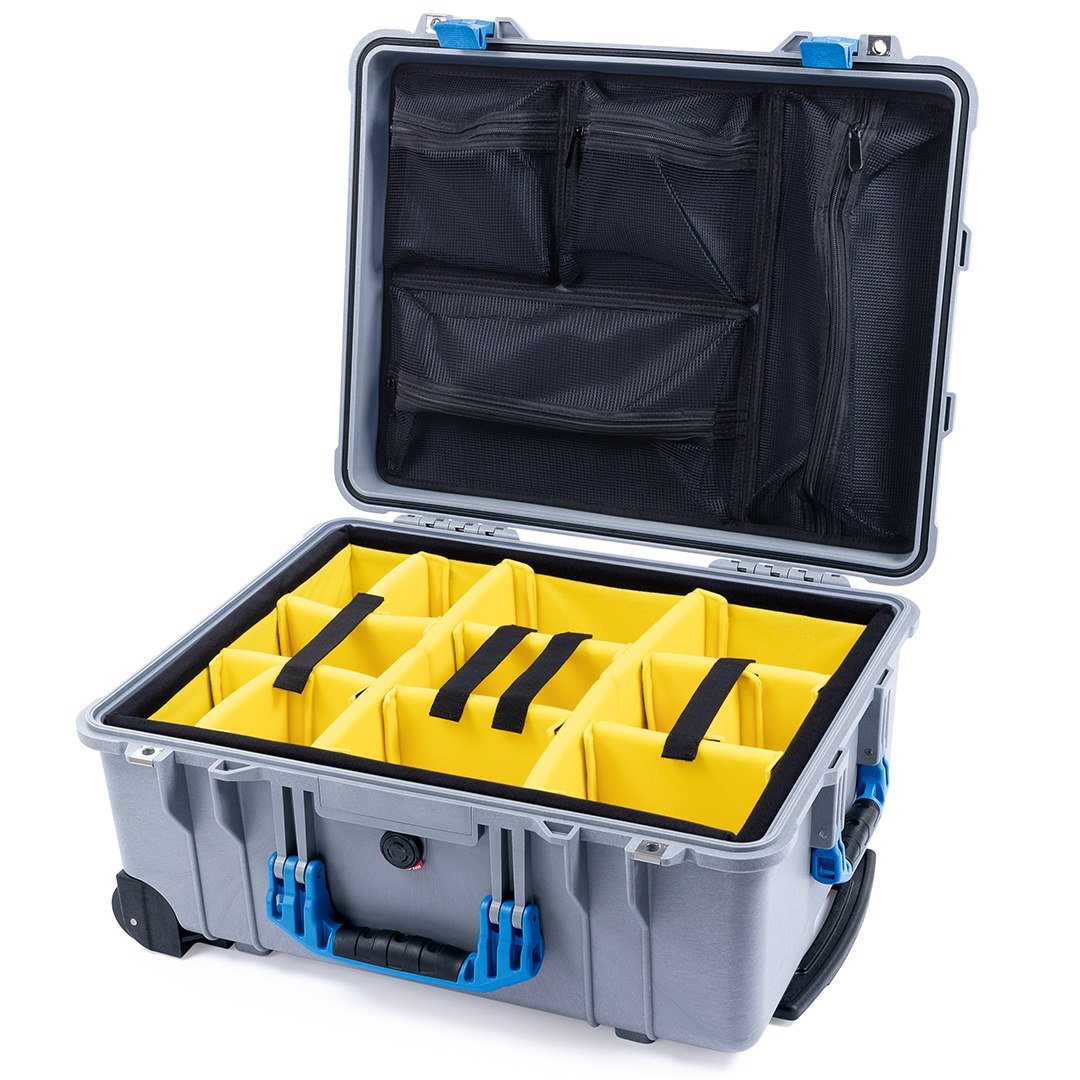 Pelican 1560 Case, Silver with Blue Handles &amp; Latches Yellow Padded Microfiber Dividers with Mesh Lid Organizer ColorCase 015600-0110-180-120