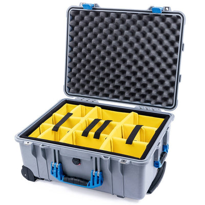 Pelican 1560 Case, Silver with Blue Handles & Latches Yellow Padded Microfiber Dividers with Convolute Lid Foam ColorCase 015600-0010-180-120