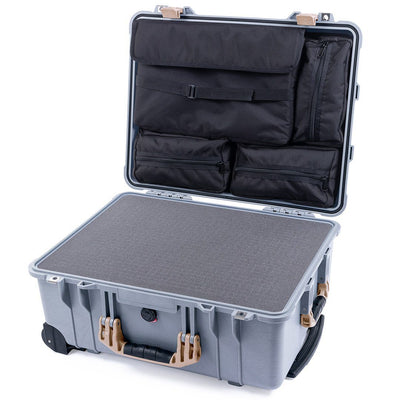 Pelican 1560 Case, Silver with Desert Tan Handles & Latches Pick & Pluck Foam with Computer Pouch ColorCase 015600-0201-180-310