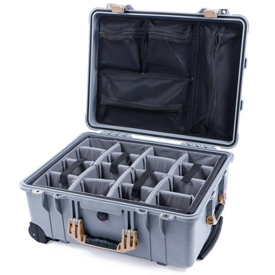 Pelican 1560 Case, Silver with Desert Tan Handles & Latches Gray Padded Microfiber Dividers with Mesh Lid Organizer ColorCase 015600-0170-180-310
