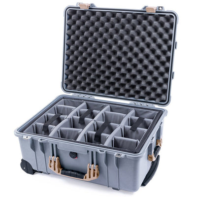 Pelican 1560 Case, Silver with Desert Tan Handles & Latches Gray Padded Microfiber Dividers with Convolute Lid Foam ColorCase 015600-0070-180-310