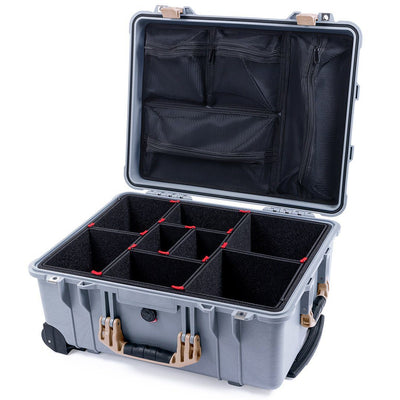 Pelican 1560 Case, Silver with Desert Tan Handles & Latches TrekPak Divider System with Mesh Lid Organizer ColorCase 015600-0120-180-310