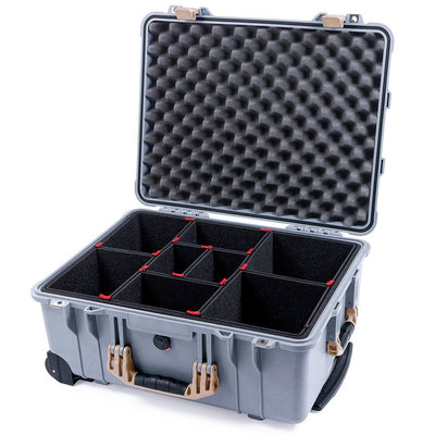 Pelican 1560 Case, Silver with Desert Tan Handles & Latches TrekPak Divider System with Convolute Lid Foam ColorCase 015600-0020-180-310