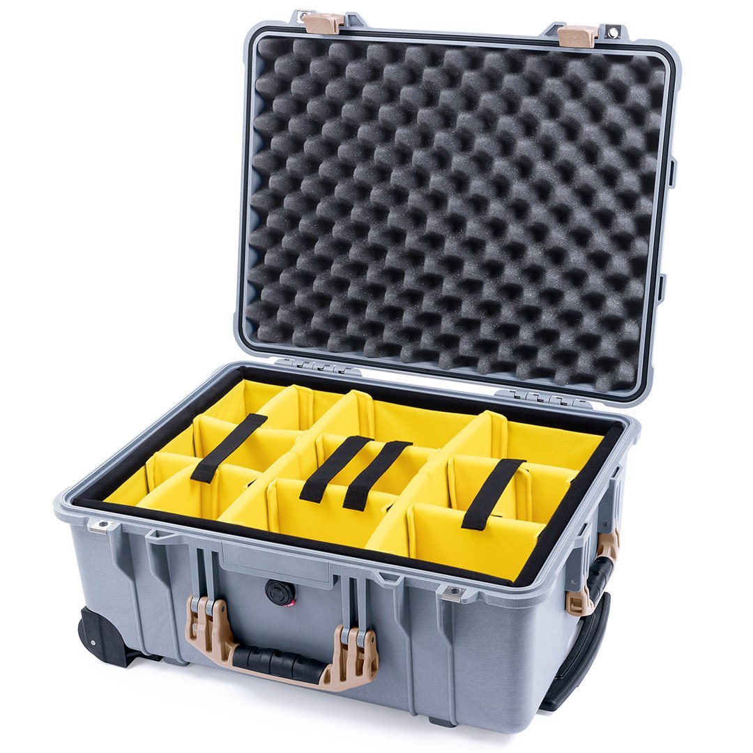 Pelican 1560 Case, Silver with Desert Tan Handles &amp; Latches Yellow Padded Microfiber Dividers with Convolute Lid Foam ColorCase 015600-0010-180-310