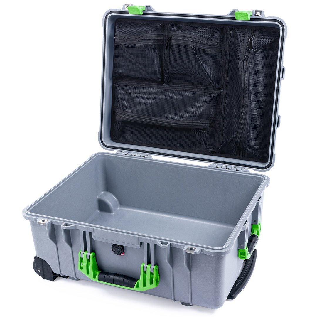 Pelican 1560 Case, Silver with Lime Green Handles &amp; Latches Mesh Lid Organizer Only ColorCase 015600-0100-180-300