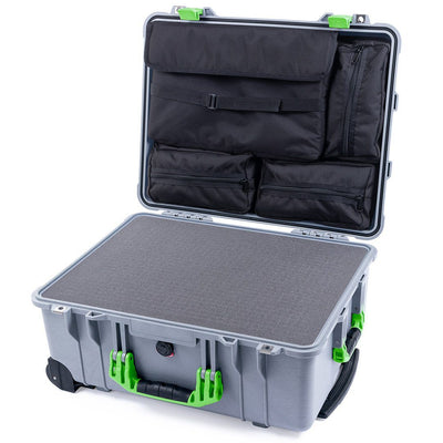 Pelican 1560 Case, Silver with Lime Green Handles & Latches Pick & Pluck Foam with Computer Pouch ColorCase 015600-0201-180-300