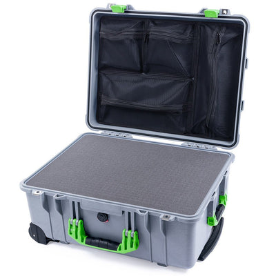 Pelican 1560 Case, Silver with Lime Green Handles & Latches Pick & Pluck Foam with Mesh Lid Organizer ColorCase 015600-0101-180-300