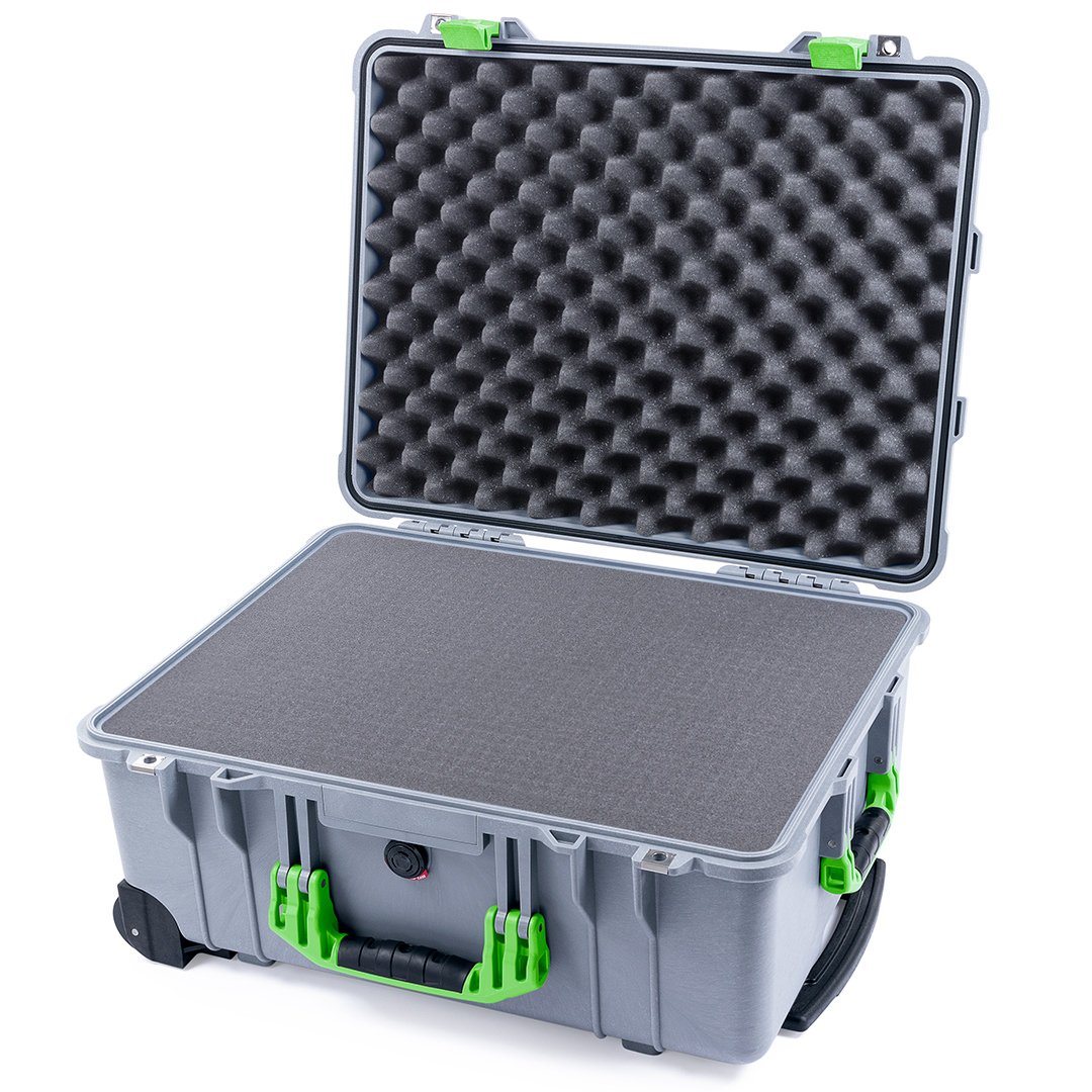 Pelican 1560 Case, Silver with Lime Green Handles &amp; Latches Pick &amp; Pluck Foam with Convolute Lid Foam ColorCase 015600-0001-180-300