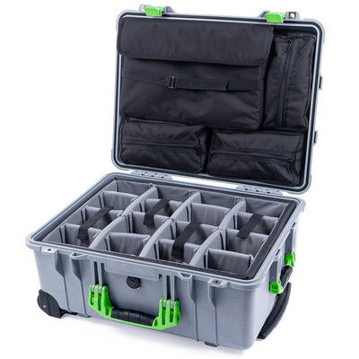 Pelican 1560 Case, Silver with Lime Green Handles & Latches Gray Padded Microfiber Dividers with Computer Pouch ColorCase 015600-0270-180-300