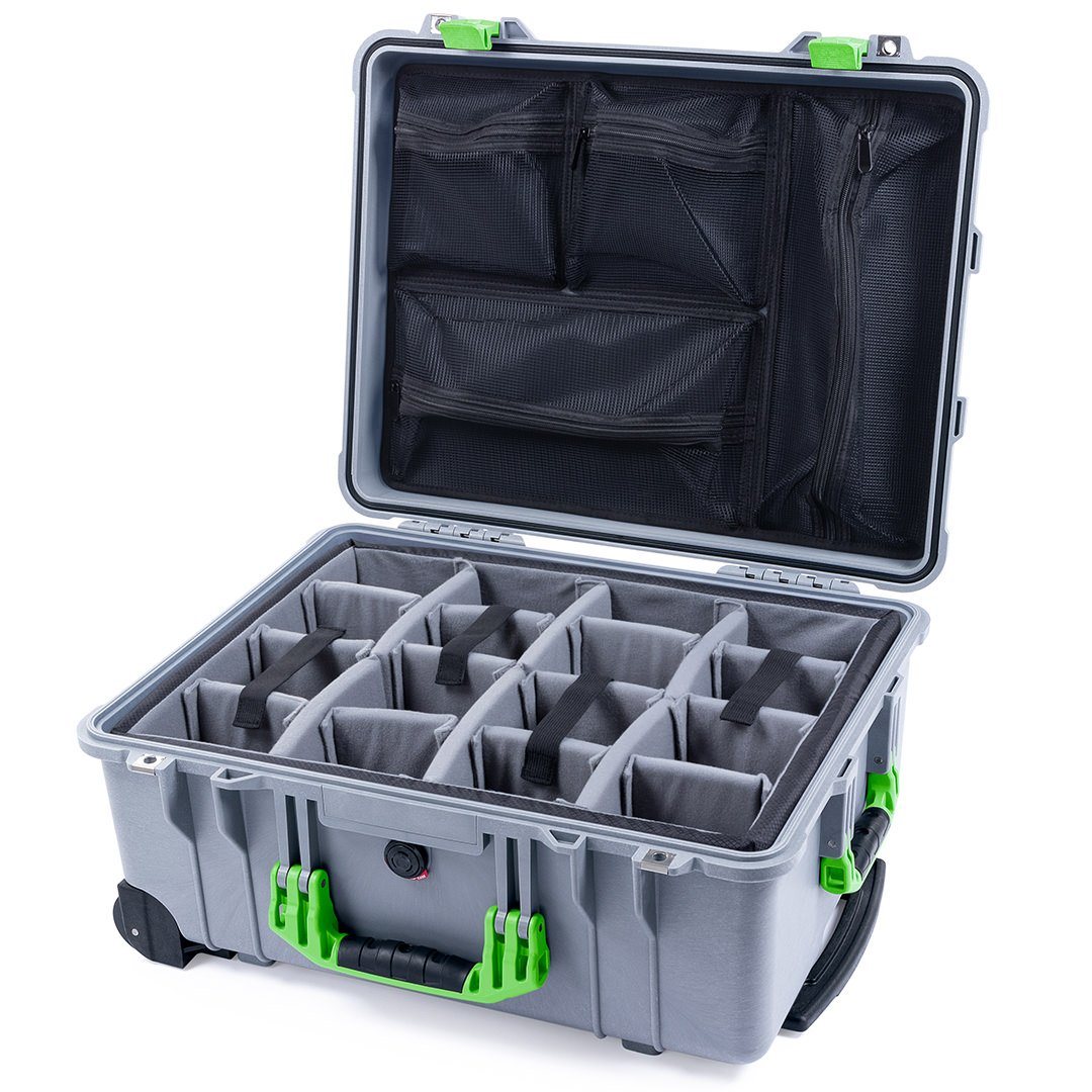 Pelican 1560 Case, Silver with Lime Green Handles & Latches Gray Padded Microfiber Dividers with Mesh Lid Organizer ColorCase 015600-0170-180-300
