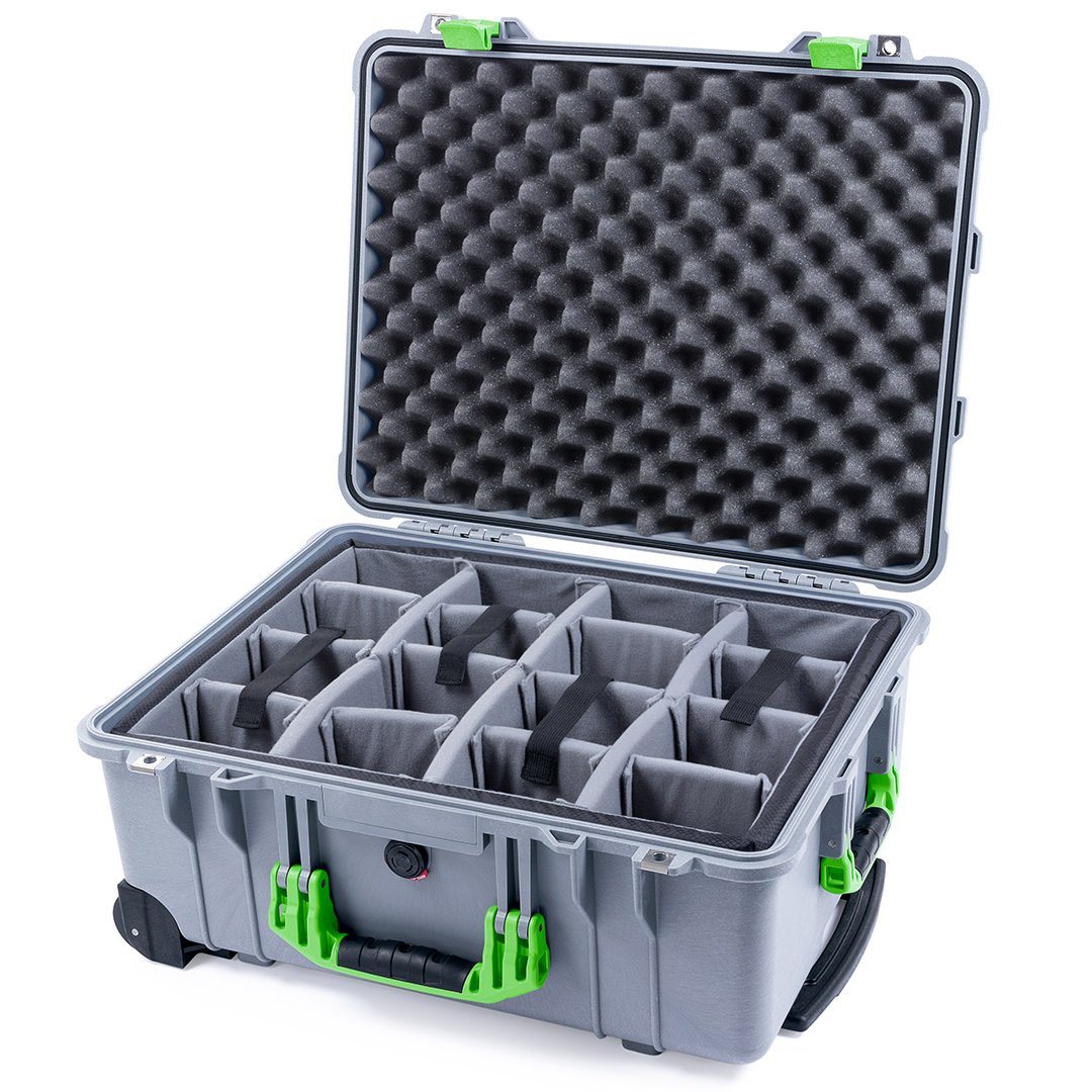 Pelican 1560 Case, Silver with Lime Green Handles &amp; Latches Gray Padded Microfiber Dividers with Convolute Lid Foam ColorCase 015600-0070-180-300