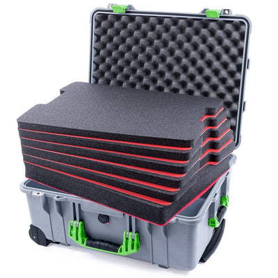 Pelican 1560 Case, Silver with Lime Green Handles & Latches Custom Tool Kit (6 Foam Inserts with Convolute Lid Foam) ColorCase 015600-0060-180-300