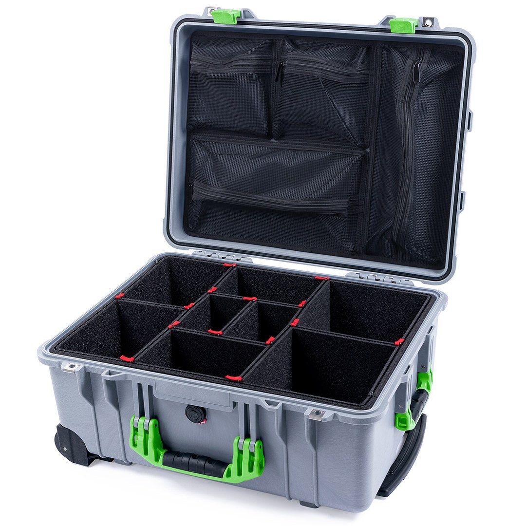 Pelican 1560 Case, Silver with Lime Green Handles &amp; Latches TrekPak Divider System with Mesh Lid Organizer ColorCase 015600-0120-180-300