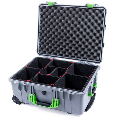 Pelican 1560 Case, Silver with Lime Green Handles & Latches TrekPak Divider System with Convolute Lid Foam ColorCase 015600-0020-180-300
