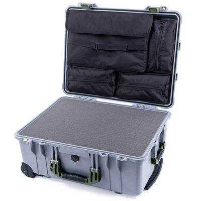 Pelican 1560 Case, Silver with OD Green Handles & Latches Pick & Pluck Foam with Computer Pouch ColorCase 015600-0201-180-130