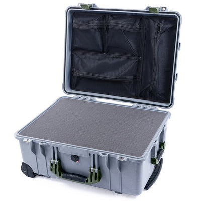 Pelican 1560 Case, Silver with OD Green Handles & Latches Pick & Pluck Foam with Mesh Lid Organizer ColorCase 015600-0101-180-130