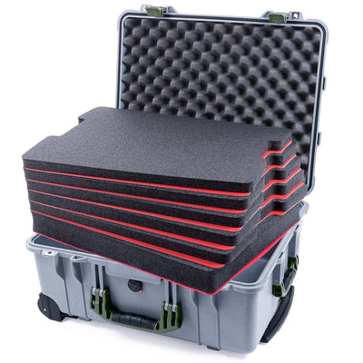 Pelican 1560 Case, Silver with OD Green Handles & Latches Custom Tool Kit (6 Foam Inserts with Convolute Lid Foam) ColorCase 015600-0060-180-130