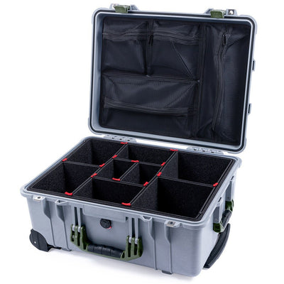 Pelican 1560 Case, Silver with OD Green Handles & Latches TrekPak Divider System with Mesh Lid Organizer ColorCase 015600-0120-180-130