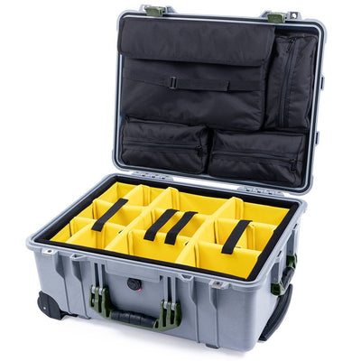 Pelican 1560 Case, Silver with OD Green Handles & Latches Yellow Padded Microfiber Dividers with Computer Pouch ColorCase 015600-0210-180-130