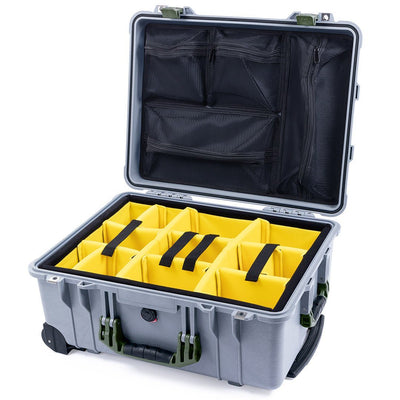 Pelican 1560 Case, Silver with OD Green Handles & Latches Yellow Padded Microfiber Dividers with Mesh Lid Organizer ColorCase 015600-0110-180-130