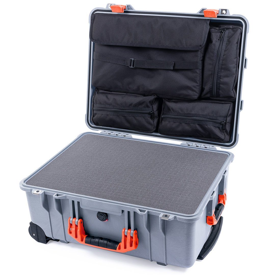 Pelican 1560 Case, Silver with Orange Handles &amp; Latches Pick &amp; Pluck Foam with Computer Pouch ColorCase 015600-0201-180-150