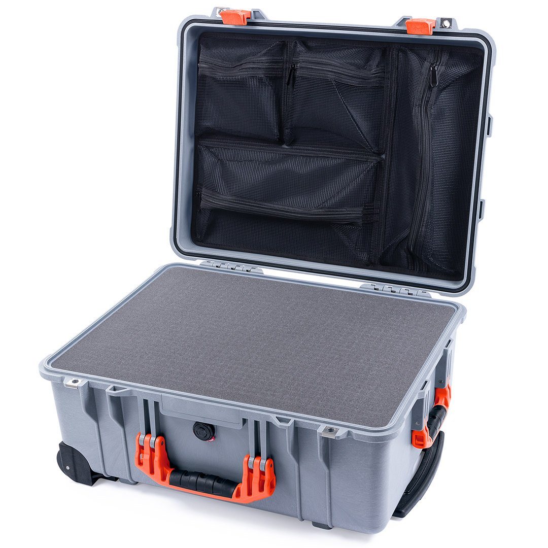 Pelican 1560 Case, Silver with Orange Handles &amp; Latches Pick &amp; Pluck Foam with Mesh Lid Organizer ColorCase 015600-0101-180-150