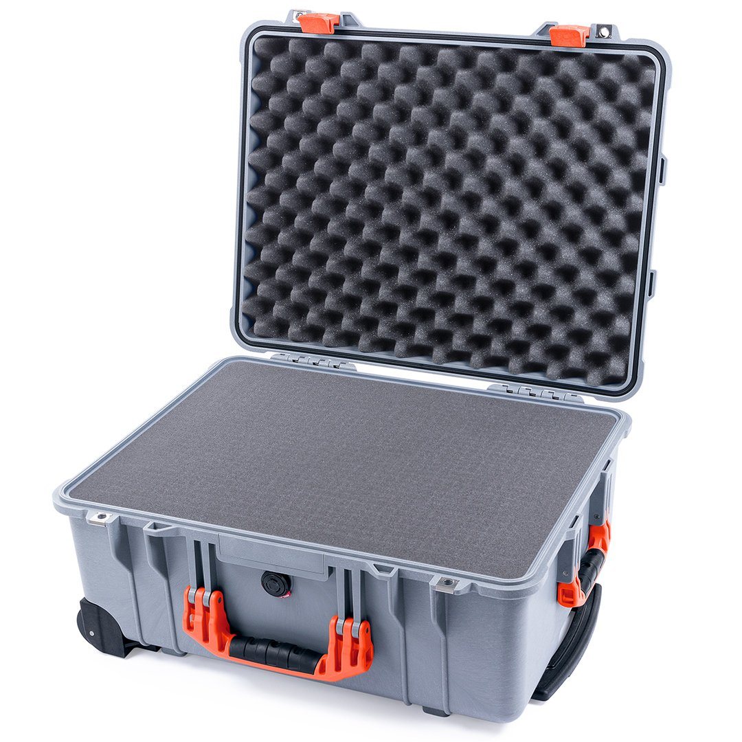 Pelican 1560 Case, Silver with Orange Handles & Latches Pick & Pluck Foam with Convolute Lid Foam ColorCase 015600-0001-180-150