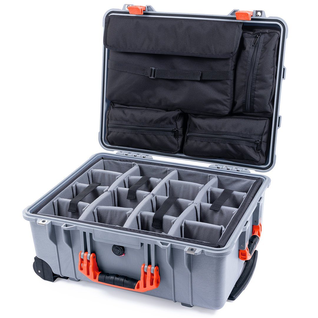 Pelican 1560 Case, Silver with Orange Handles &amp; Latches Gray Padded Microfiber Dividers with Computer Pouch ColorCase 015600-0270-180-150