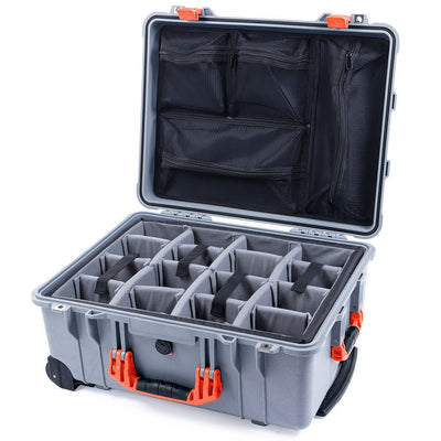 Pelican 1560 Case, Silver with Orange Handles & Latches Gray Padded Microfiber Dividers with Mesh Lid Organizer ColorCase 015600-0170-180-150