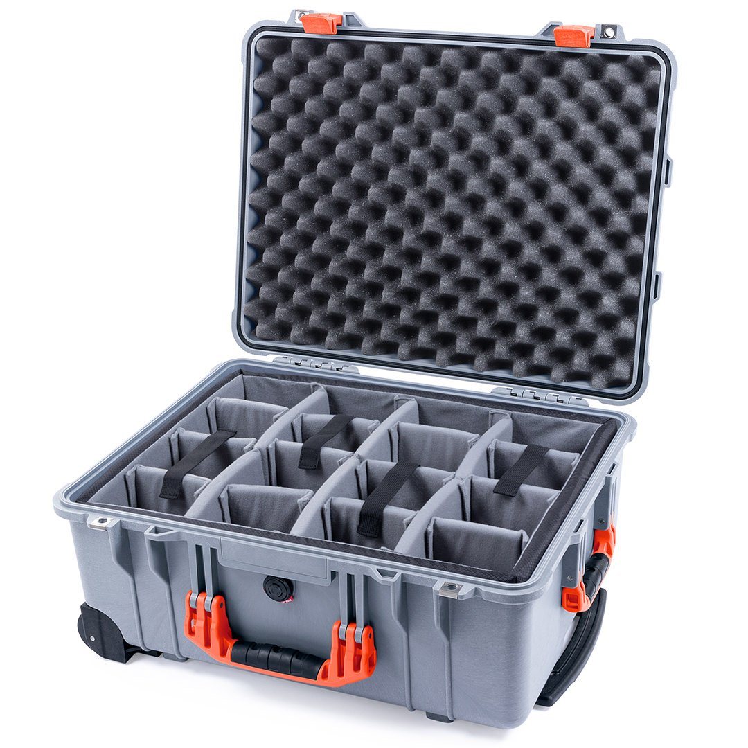 Pelican 1560 Case, Silver with Orange Handles &amp; Latches Gray Padded Microfiber Dividers with Convolute Lid Foam ColorCase 015600-0070-180-150