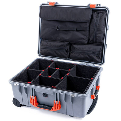 Pelican 1560 Case, Silver with Orange Handles & Latches TrekPak Divider System with Computer Pouch ColorCase 015600-0220-180-150
