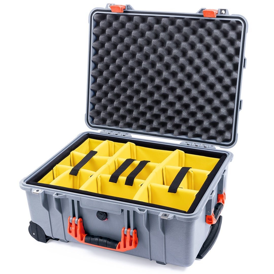 Pelican 1560 Case, Silver with Orange Handles &amp; Latches Yellow Padded Microfiber Dividers with Convolute Lid Foam ColorCase 015600-0010-180-150