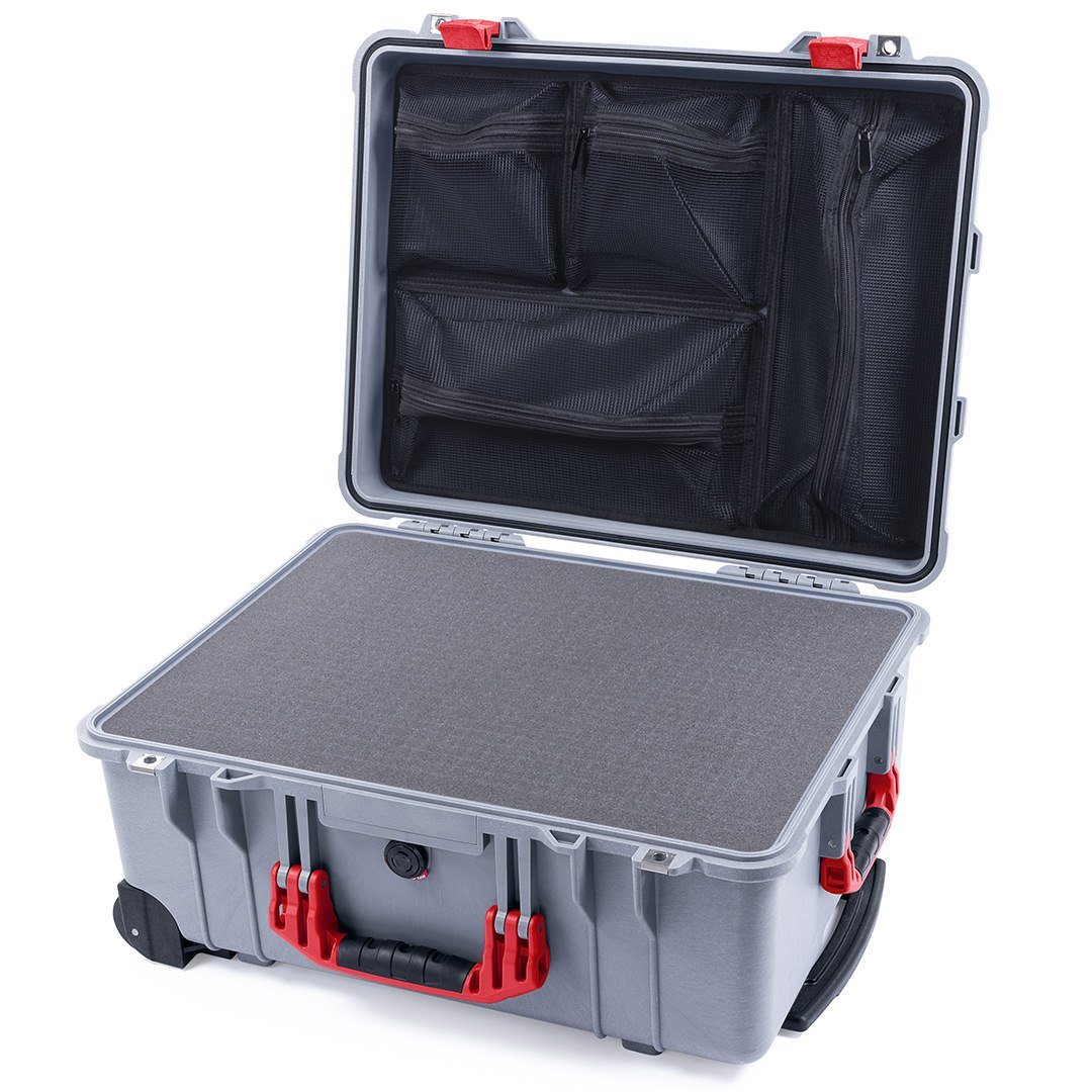 Pelican 1560 Case, Silver with Red Handles &amp; Latches Pick &amp; Pluck Foam with Mesh Lid Organizer ColorCase 015600-0101-180-320