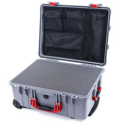 Pelican 1560 Case, Silver with Red Handles & Latches Pick & Pluck Foam with Mesh Lid Organizer ColorCase 015600-0101-180-320