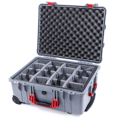 Pelican 1560 Case, Silver with Red Handles & Latches Gray Padded Microfiber Dividers with Convolute Lid Foam ColorCase 015600-0070-180-320