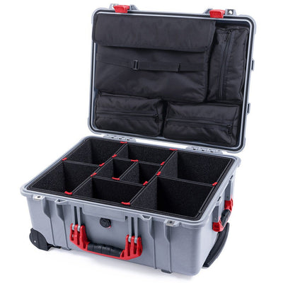 Pelican 1560 Case, Silver with Red Handles & Latches TrekPak Divider System with Computer Pouch ColorCase 015600-0220-180-320