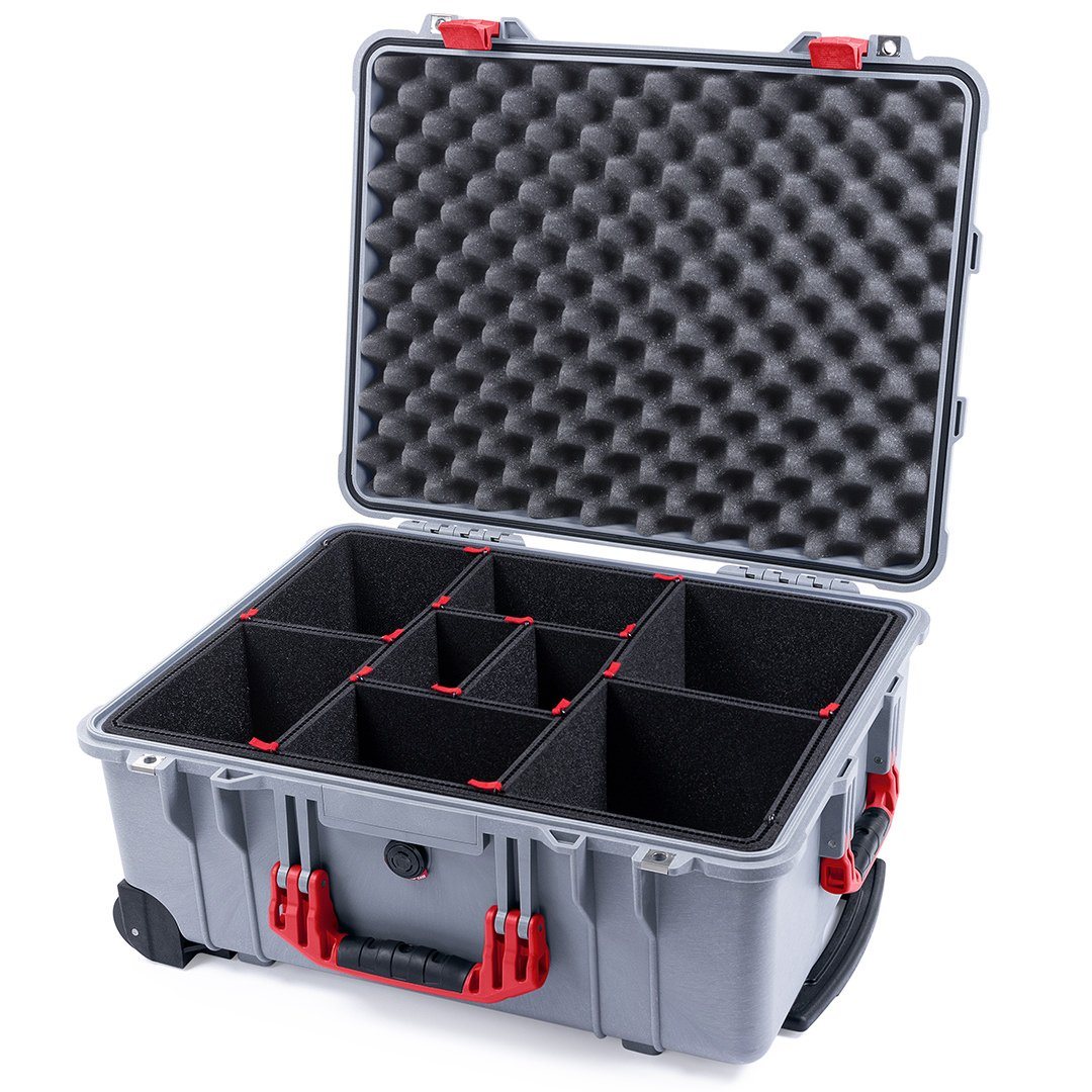 Pelican 1560 Case, Silver with Red Handles &amp; Latches TrekPak Divider System with Convolute Lid Foam ColorCase 015600-0020-180-320