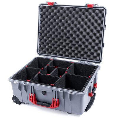 Pelican 1560 Case, Silver with Red Handles & Latches TrekPak Divider System with Convolute Lid Foam ColorCase 015600-0020-180-320