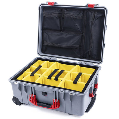 Pelican 1560 Case, Silver with Red Handles & Latches Yellow Padded Microfiber Dividers with Mesh Lid Organizer ColorCase 015600-0110-180-320