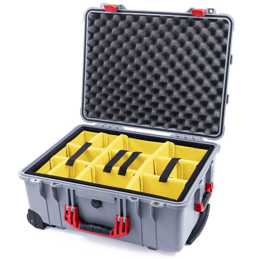 Pelican 1560 Case, Silver with Red Handles &amp; Latches Yellow Padded Microfiber Dividers with Convolute Lid Foam ColorCase 015600-0010-180-320