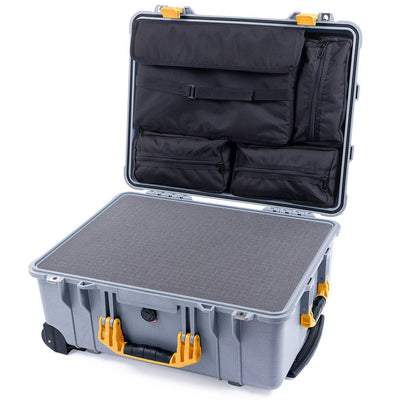 Pelican 1560 Case, Silver with Yellow Handles & Latches Pick & Pluck Foam with Computer Pouch ColorCase 015600-0201-180-240