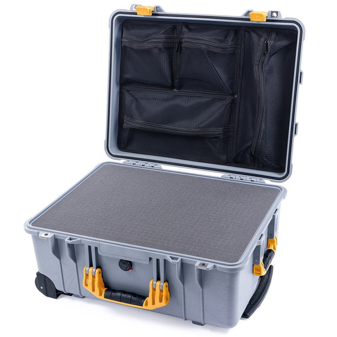 Pelican 1560 Case, Silver with Yellow Handles &amp; Latches Pick &amp; Pluck Foam with Mesh Lid Organizer ColorCase 015600-0101-180-240
