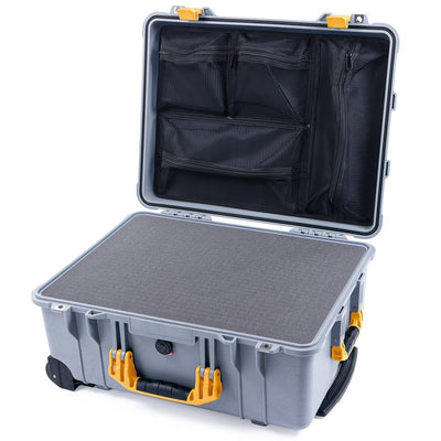 Pelican 1560 Case, Silver with Yellow Handles & Latches Pick & Pluck Foam with Mesh Lid Organizer ColorCase 015600-0101-180-240