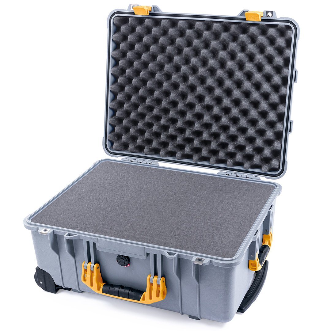 Pelican 1560 Case, Silver with Yellow Handles &amp; Latches Pick &amp; Pluck Foam with Convolute Lid Foam ColorCase 015600-0001-180-240
