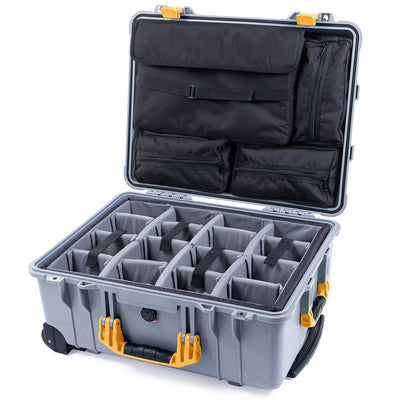 Pelican 1560 Case, Silver with Yellow Handles & Latches Gray Padded Microfiber Dividers with Computer Pouch ColorCase 015600-0270-180-240
