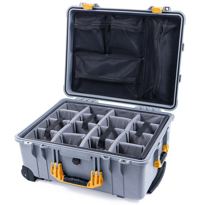 Pelican 1560 Case, Silver with Yellow Handles & Latches Gray Padded Microfiber Dividers with Mesh Lid Organizer ColorCase 015600-0170-180-240